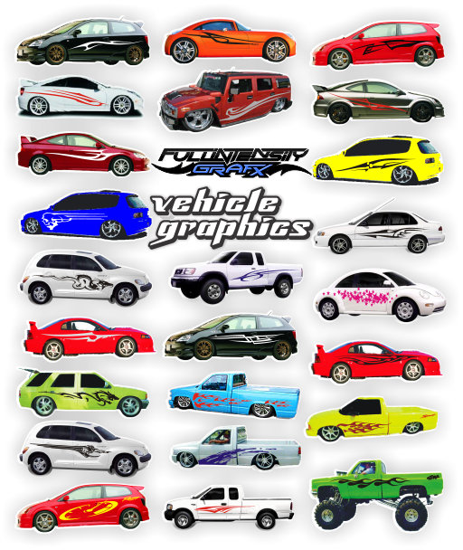vehicles, cars, trucks, boat, with graphics applied